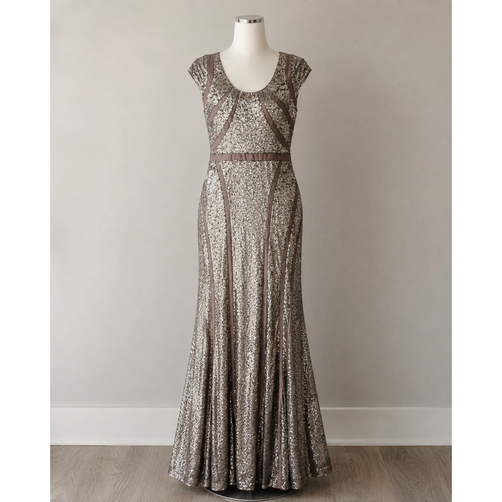Bariano Australia Sequin Mesh Panel Gown Size 10 NWT silver/pewter sequins Dress